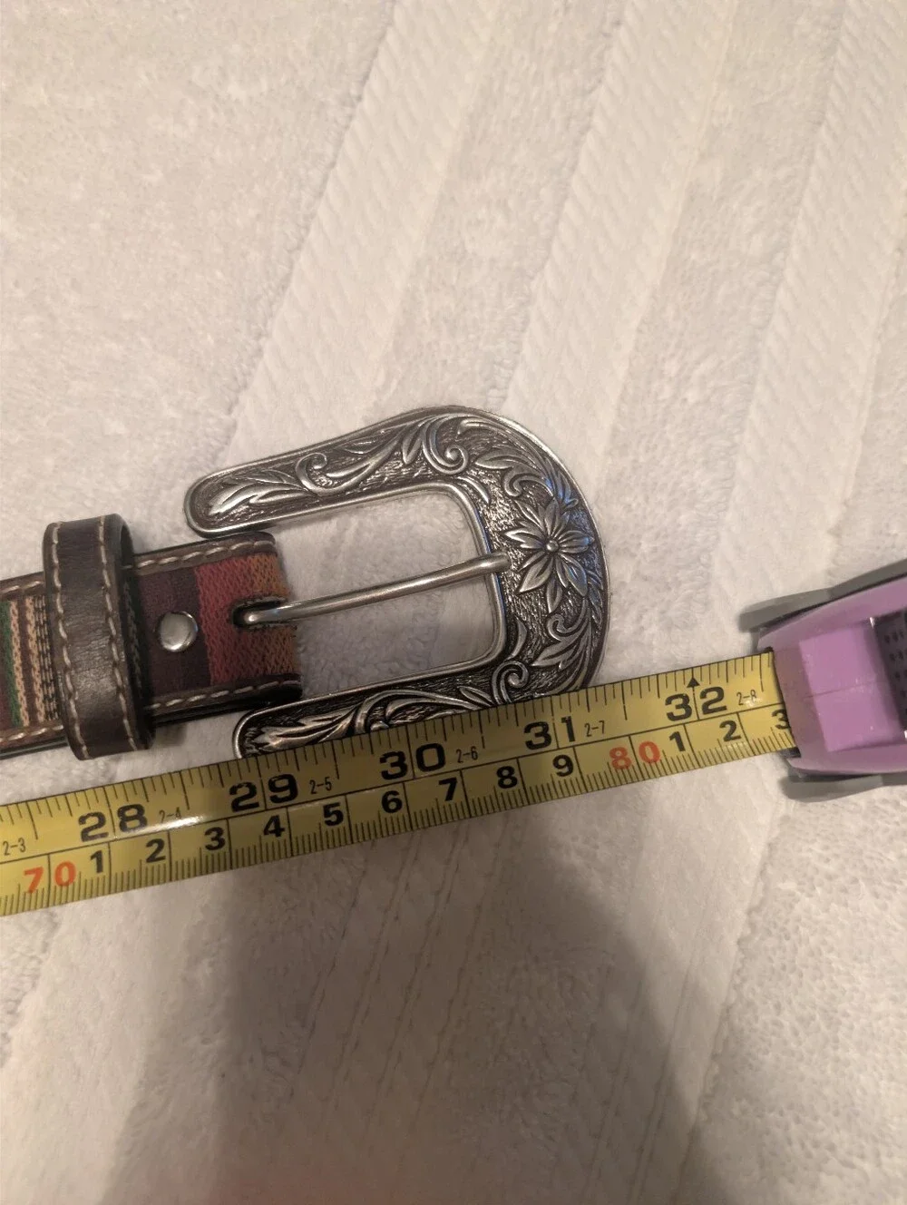 Noona Multicolor Serape Stripe Belt with Silver Floral Engraved Buckle